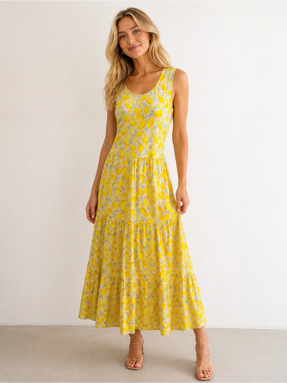 Lands End Cotton Lemon 🍋 Floral Tiered Maxi Dress -  Small